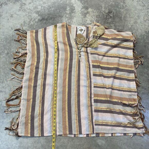 Z L Kaftan Dress Large Boho Striped Brown Multi Tie Neck Tassel Fringe Beach - Picture 3 of 9
